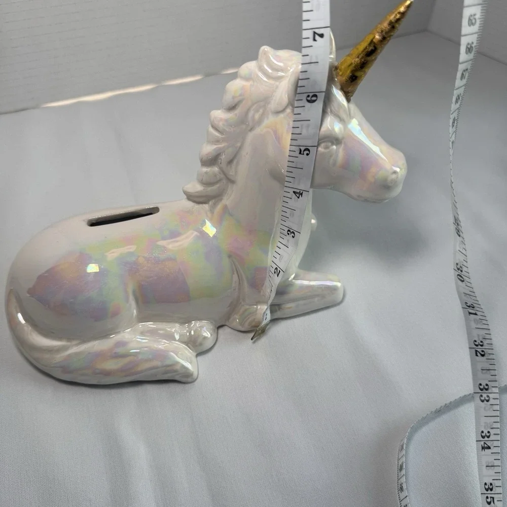 Iridescent Ceramic Unicorn Piggy Bank Gold Horn Rainbow Glaze Coin Bank Fantasy
